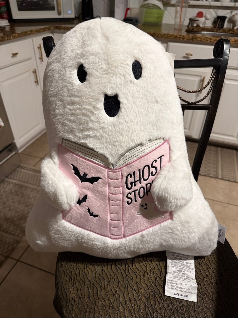 Martha Stewart White Ghost Holding Pink "Ghost Stories" Book Plush Pillow